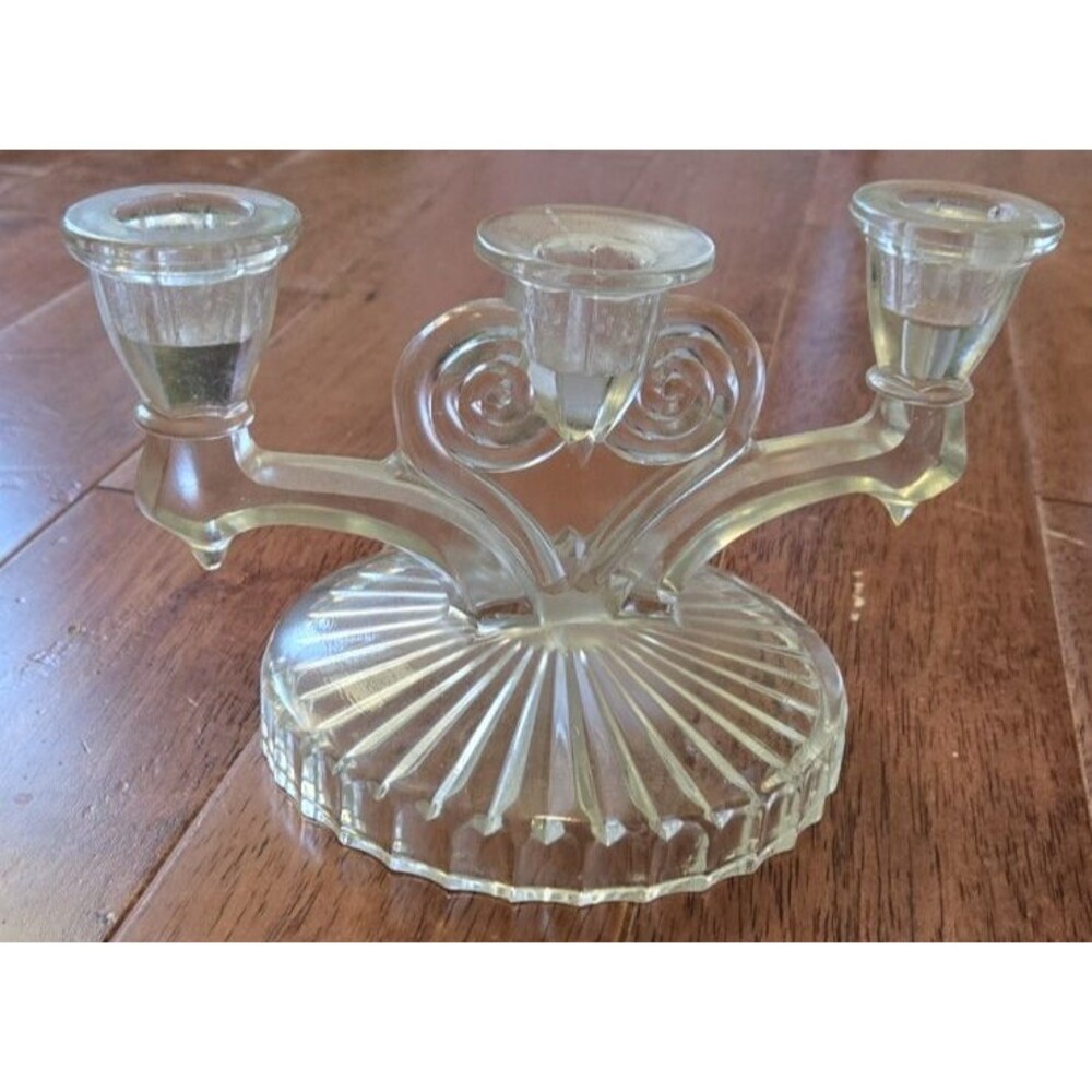 Vintage 1940's Jeannette Glass Co. Cosmos Art Deco Crystal Triple Candle Holder